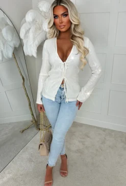 All Over Glitz Cream Sequin Double Tie Top