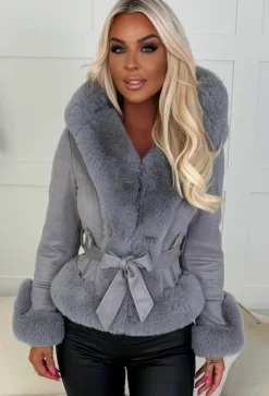 Anastasia Grey Faux Suede Hooded Skater Belted Coat
