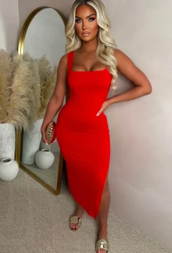 Basically Be Mine Red Square Neck Bodycon Dress
