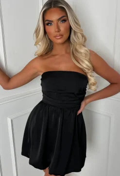 Belle Of The Ball Black Satin Bandeau Puffball Dress