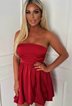 Belle Of The Ball Red Satin Bandeau Puffball Dress
