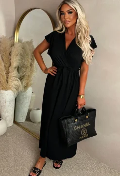 Best Believe Me Black Wrap Front Frill Sleeve Maxi Dress
