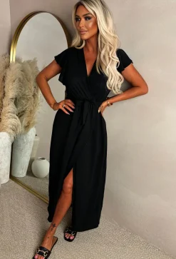 Best Believe Me Black Wrap Front Frill Sleeve Maxi Dress