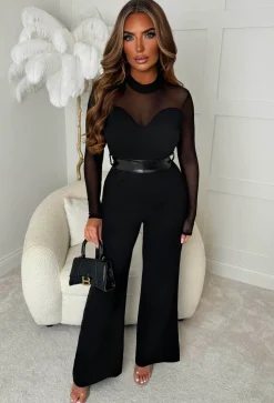 Blissful Chic Black Mesh & Plain Wide Leg Belted Jumpsuit