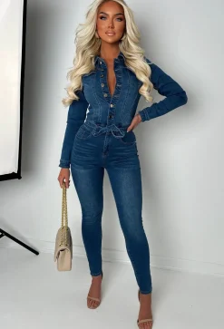 Boulevard Chic Mid Wash Stretch Long Sleeve Denim Jumpsuit