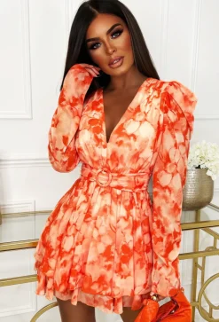 Chase Sunsets Orange Puff Sleeve Belted Mini Dress