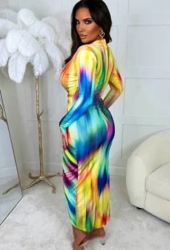 Chasing Rainbows Multi Shoulder Padded Long Sleeve Ruched Midi Dress