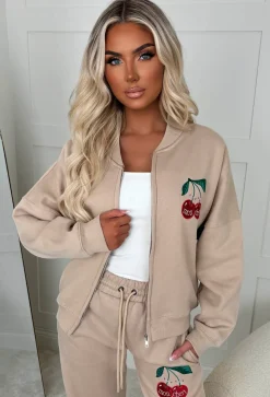 Cherie Beige Cherry Embroidered Loungewear Set