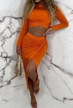 Chic Sleek Coral Stretch Ruched Midi Skirt Co-Ord