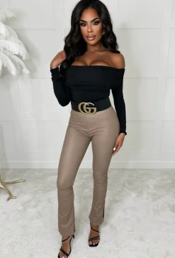 Ciao Bella Taupe Faux Leather Split Hem Leggings