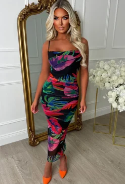 Club Tropicana Multi Tropical Leaf Cowl Neck Ruched Back Midi Dress