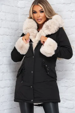 Cocoa Kisses Black Faux Fur Trim Parka Coat