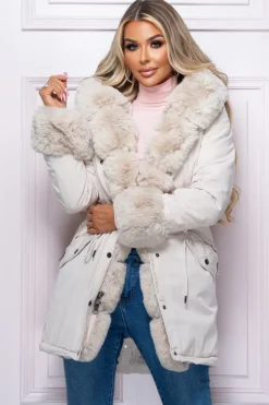 Cocoa Kisses Cream Faux Fur Trim Parka Coat