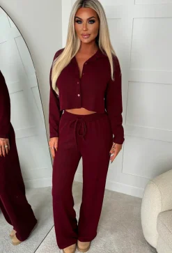 Cosy Icon Burgundy Ribbed Shirt And Trouser Loungewear Set