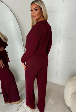 Cosy Icon Burgundy Ribbed Shirt And Trouser Loungewear Set