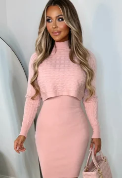 Cosy In Cable Pink Ultra Soft Knitted 2-In-1 Jumper And Midi Dress