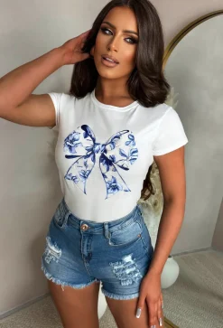 Cutesy Mood White Blue Floral Bow Fitted T-Shirt