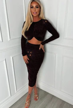 Dazzling Bronze Lurex Stretch Ruched Midi Skirt