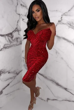 Dazzling Darling Red Sleeveless Sequin Midi Dress