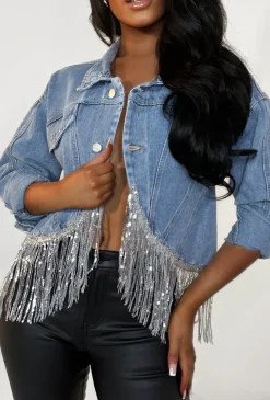 Denim Shimmy Mid Blue Denim Jacket With Sequin Tassel Detail