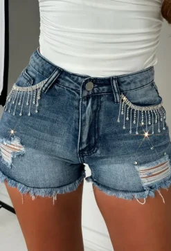 Denim Shivers Light Wash Denim Tassel & Diamante Shorts