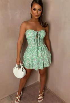 Ditsy Desire Green Floral Print Shirred Waist Rara Skirt Mini Dress