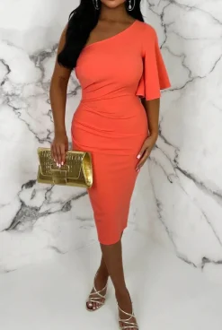 Dream Of Romance Coral One Shoulder Ruched Detail Midi Dress