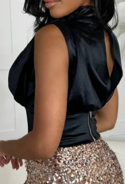 Dreamy Deluxe Black Stretch Satin Ruched High Neck Top
