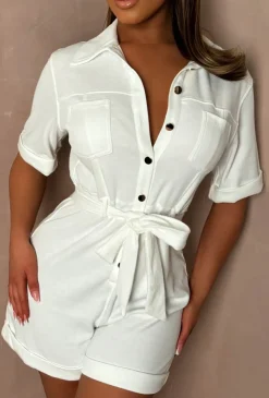 Forever For Now White Button Up Stretch Belted Playsuit