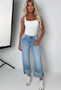 Forever True Light Wash Deep Turn Up Wide Leg Stretch Jeans
