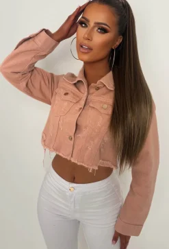 Frayed To See You Light Pink Stretch Cut Off Denim Jacket