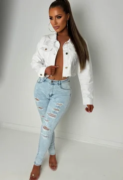 Frayed To See You White Frayed Cropped Denim Jacket