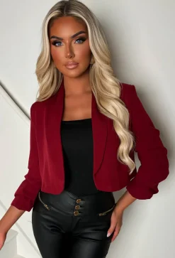 Iconic Cherry Red Shawl Neck Ruched Sleeve Cropped Blazer