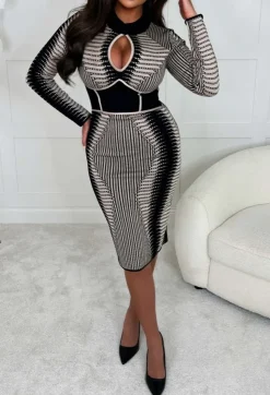 Illusion Of Love Beige Long Sleeve Body Sculpt Illusion Knitted Midi Dress