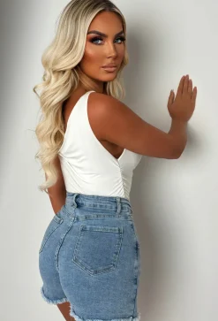 I'm That Girl Light Wash Denim Stretch Button Front Skort