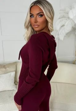 Kassie Burgundy Rib Knit Zip Up Hoodie