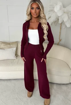 Kassie Burgundy Rib Knit Zip Up Hoodie