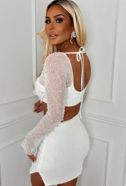 Kira White Pearl Embellished Crop Top & Skirt Co-Ord