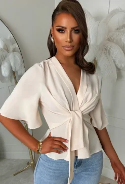 Knot Yours Cream Knot Front Short Sleeve Top