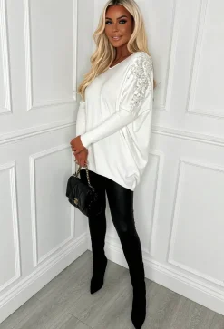 Kourtney Cream Embellished Sleeve V-Neck Jumper