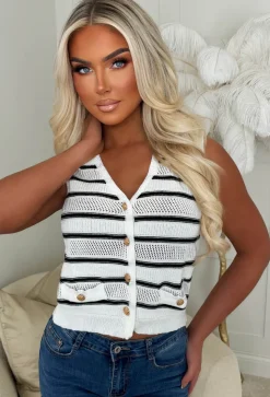 La Dolce Vita Cream Gold Button Knitted Stripe Waistcoat