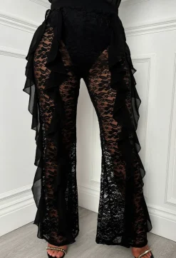 Lace Illusion Black Lace Ruffle Stretch Trousers