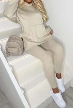 Living The Life Cream Oversized Hood With Ribbed Leggings Two Piece Loungewear Set