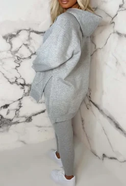 Living The Life Grey Marl Oversized Hoodie With Ribbed Legging Two Piece Loungewear Set