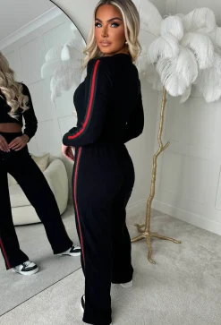 Lorenza Black Ribbed Side Stripe Loungewear Set