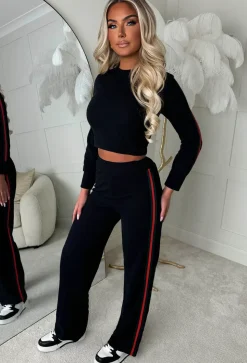 Lorenza Black Ribbed Side Stripe Loungewear Set