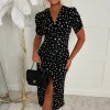 Love You Always Black Polka Dot Ruched Front Midi Dress