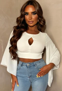 Luxe Haven White Flared Sleeve Key Hole Crop Top