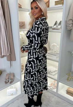 Mary-Jane Black Button Front Printed Shirt Dress
