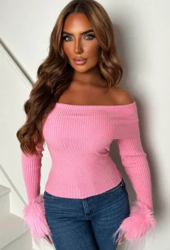 Midnight Muse Baby Pink Off The Shoulder Faux Fur Cuff Jumper